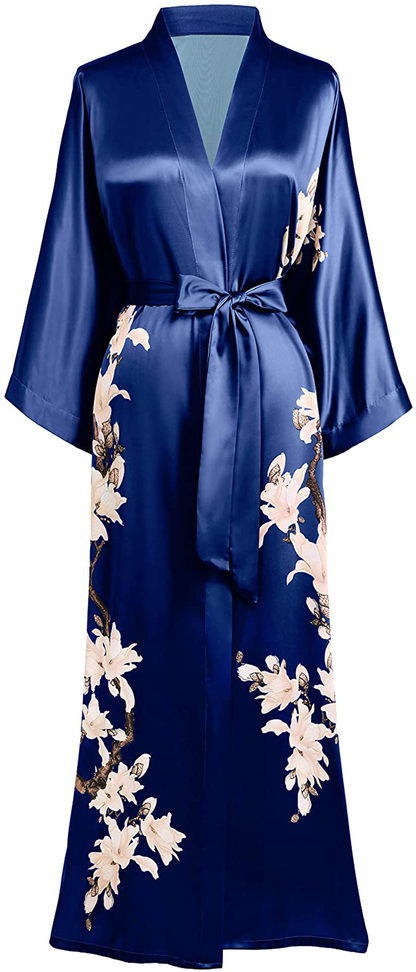 BABEYOND Kimono Robe Cover up Long Floral Satin Sleepwear Silky Bathrobe Bachelorette Robe Apparel & Accessories > Clothing > Sleepwear & Loungewear > Robes KYLIE MAX Navy Blue  