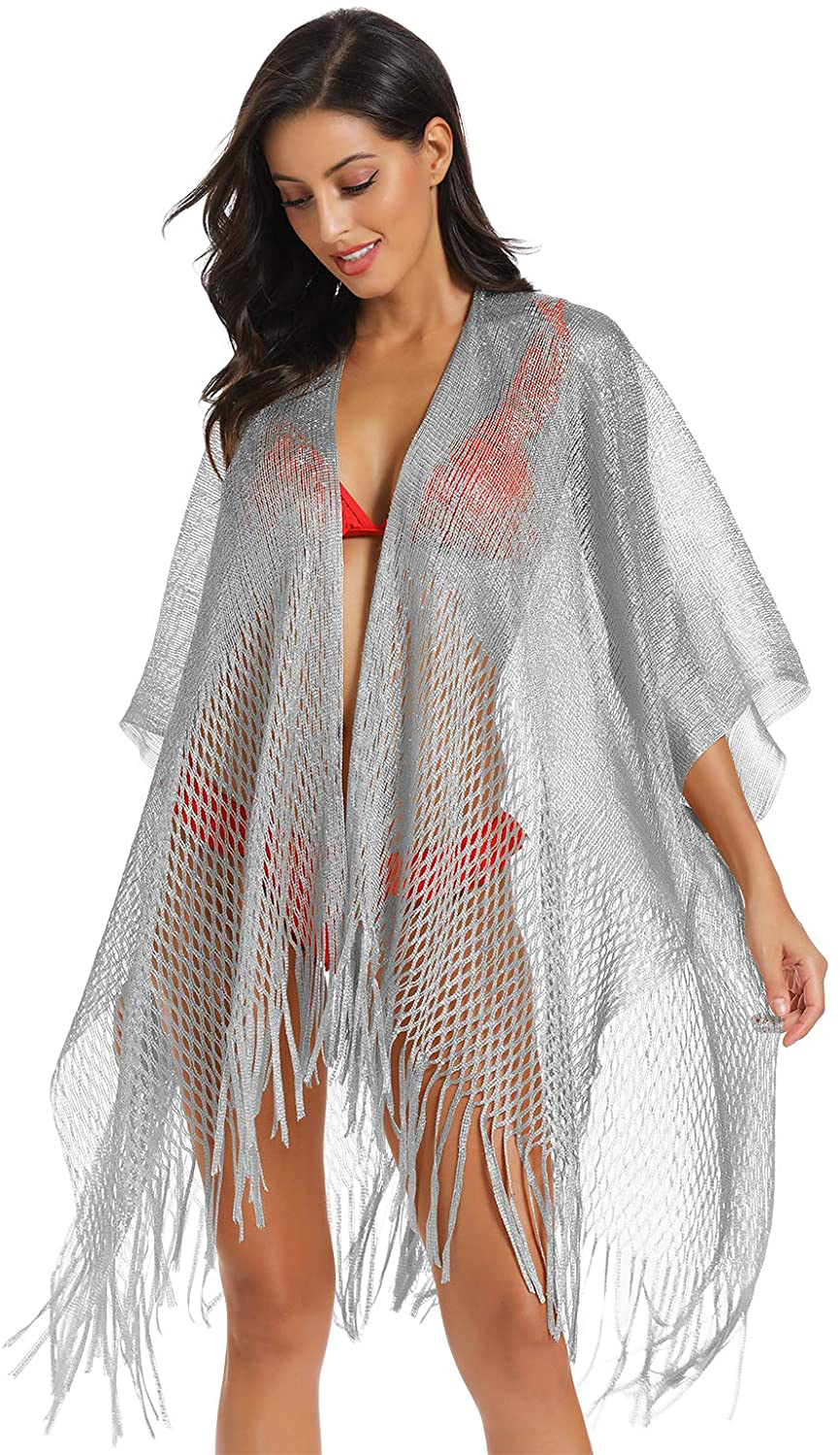 Metallic Sparkly Kimono Cardigan Swimsuit Beach Bikini Cover Ups Open Front Casual Blouse Tops Apparel & Accessories > Clothing > Swimwear Kylie Max   