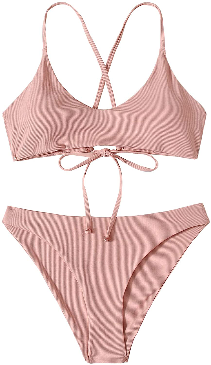 SweatyRocks Women's Bathing Suits Spaghetti Strap Criss Cross Back Bikini Ribbed Swimsuit Apparel & Accessories > Clothing > Swimwear SweatyRocks Pink Large 