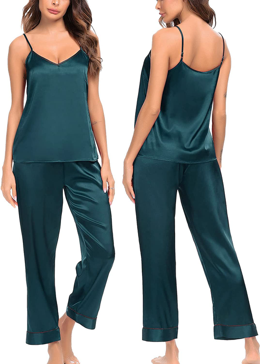 SWOMOG Womens Silk Satin Pajamas Set Two-Piece Pj Sets Cami Top and Capris Pants Sleepwear Apparel & Accessories > Clothing > Sleepwear & Loungewear Kylie Max   