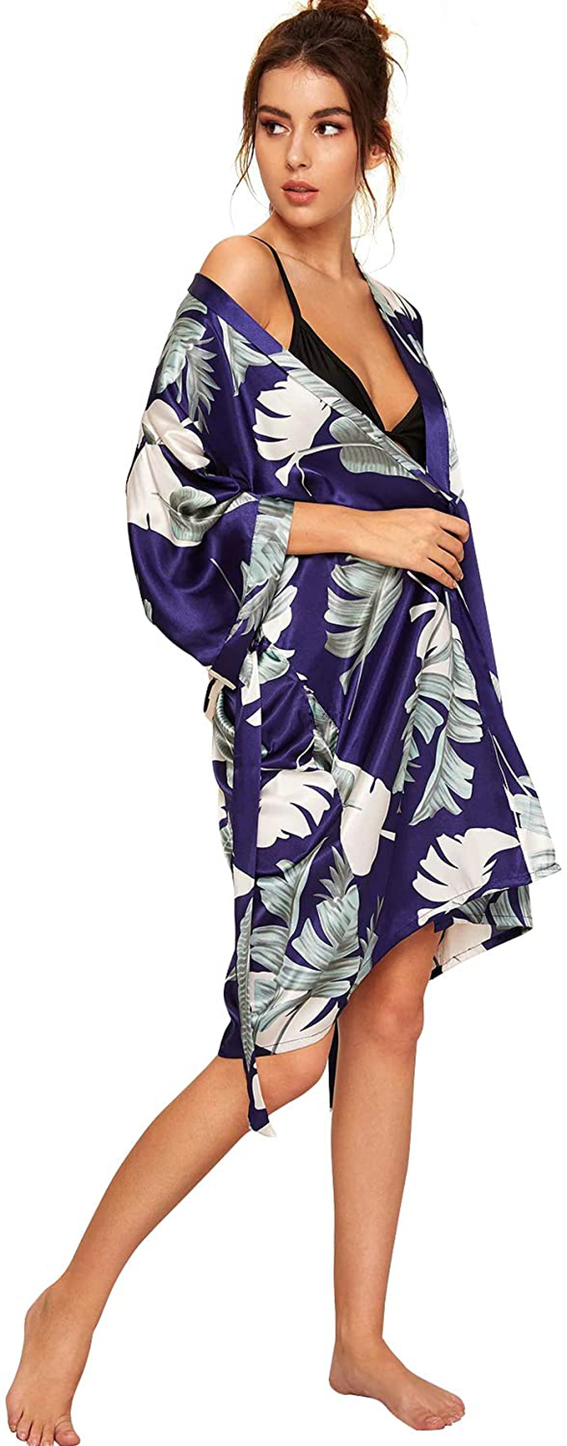 Floerns Women'S Bridesmaid Satin Kimono Oblique V Neck Bathrobe Robes Apparel & Accessories > Clothing > Sleepwear & Loungewear > Robes Floerns   
