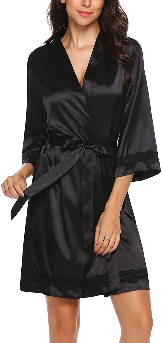 Ekouaer Women'S Lace-Trim Kimono Style Short Satin Robe Sleepwear with 3/4 Sleeve Apparel & Accessories > Clothing > Sleepwear & Loungewear > Robes Kylie Max   