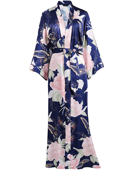 BABEYOND Long Print Kimono Robe Blouse Kimono Cover up Loose Cardigan Top Outwear Apparel & Accessories > Clothing > Sleepwear & Loungewear > Robes KYLIE MAX Navy Blue  