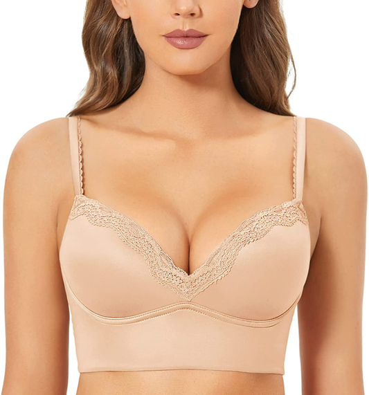 DOBREVA Women's Push Up Bra Wireless Padded Bralette Lace Longline Support Bras Apparel & Accessories > Clothing > Underwear & Socks > Bras DOBREVA Beige 34B 