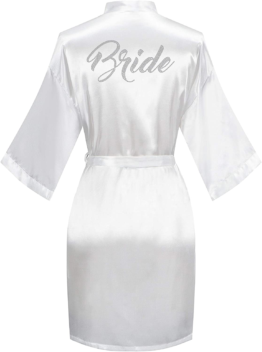 Sunshinemall Women'S Satin Kimono Robes with Rhinestones Bride Bridesmaid Short Sleepwear Wedding Dressing Gown Apparel & Accessories > Clothing > Sleepwear & Loungewear > Robes sunshinemall Bride-white Small-Medium 