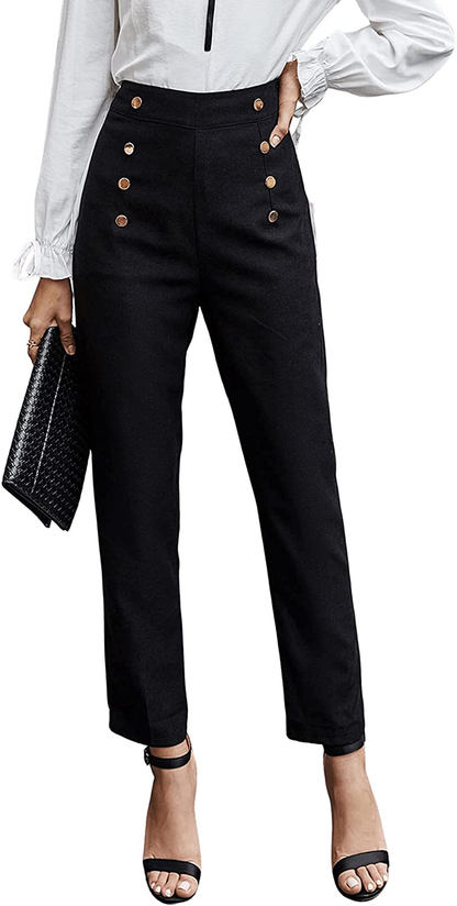 SweatyRocks Women's Casual Skinny Leggings Stretchy High Waisted Work Pants Apparel & Accessories > Clothing > Activewear SweatyRocks Button Black Large 