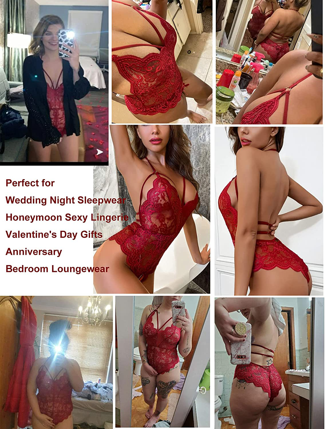 Avidlove Teddy Lingerie for Women Snap Crotch Lace Bodysuit Strappy One Piece Babydoll  Avidlove   