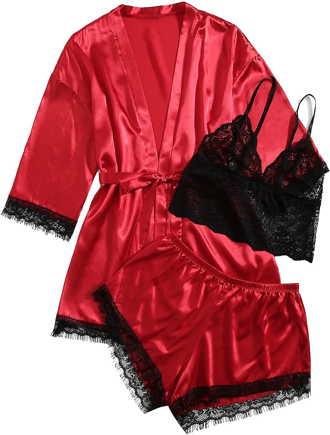 WDIRARA Women'S 4 Pieces Satin Floral Lace Cami Top Lingerie Pajama Set with Robe Apparel & Accessories > Clothing > Underwear & Socks > Lingerie WDIRARA Plus Burgundy Black 4X-Large Plus 