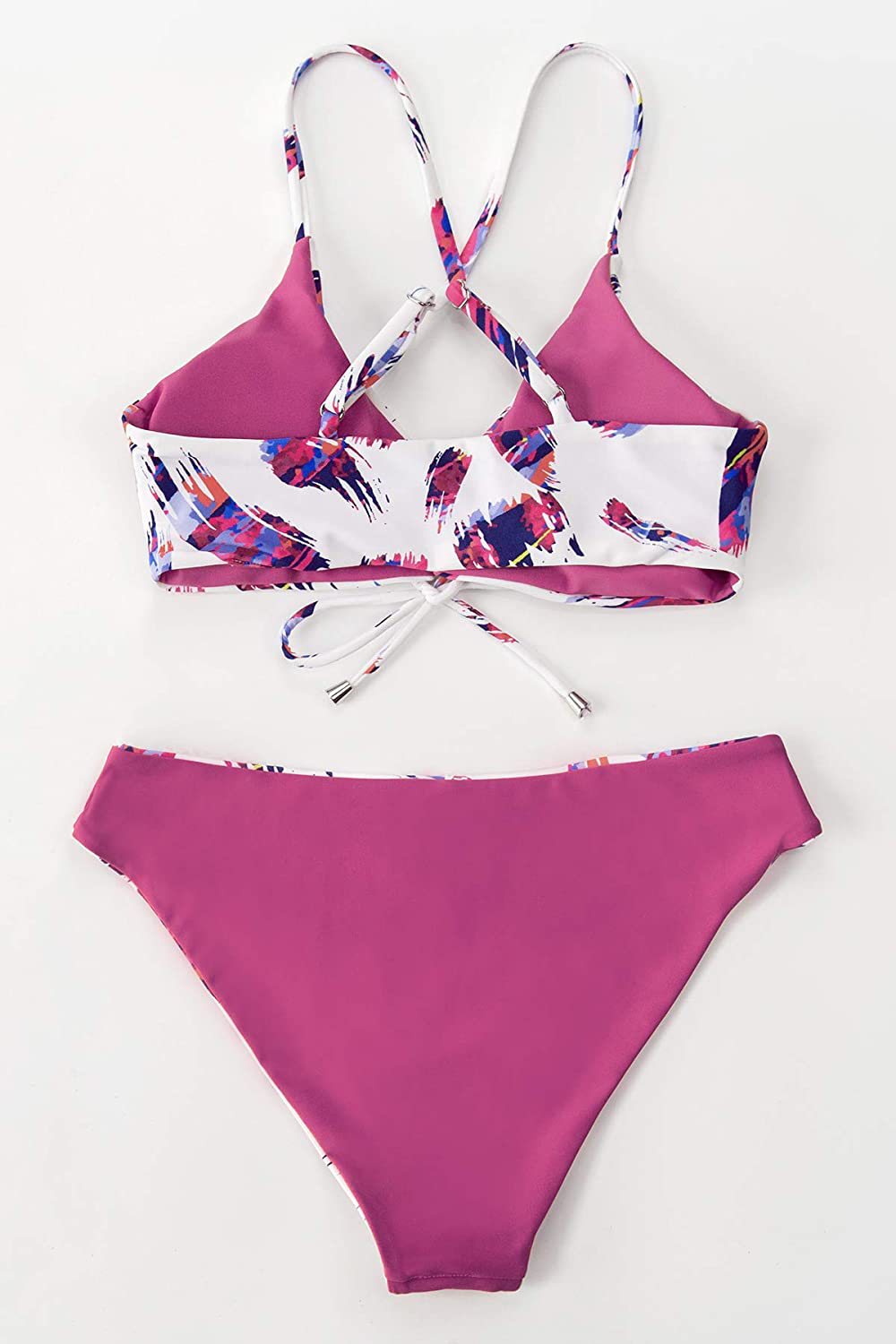 CUPSHE Women's Reversible Lace Up Bikini Sets Floral and Striped Apparel & Accessories > Clothing > Swimwear CUPSHE   