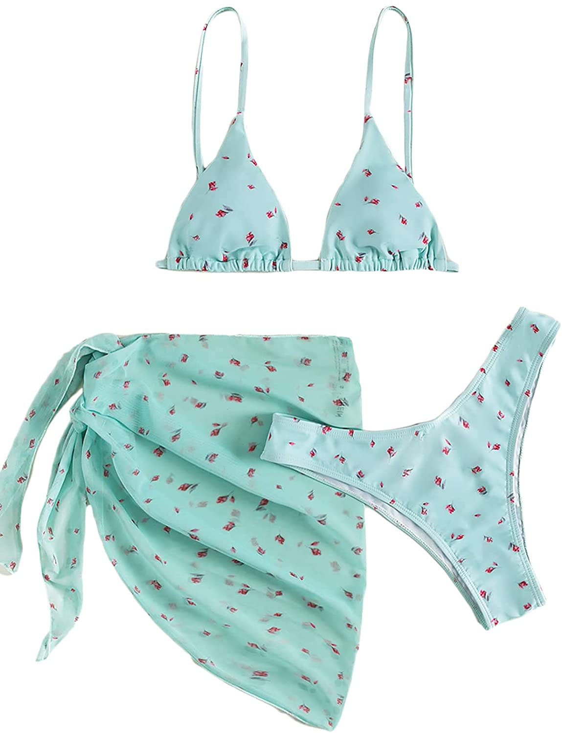 SOLY HUX Women's Wrap Triangle Bikini Bathing Suits with Mesh Beach Skirt 3 Piece Swimsuits Apparel & Accessories > Clothing > Swimwear KYLIE MAX Mint Green Flower Medium 