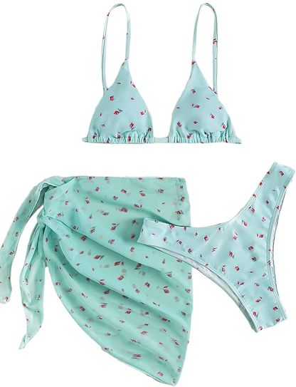 SOLY HUX Women's Wrap Triangle Bikini Bathing Suits with Mesh Beach Skirt 3 Piece Swimsuits Apparel & Accessories > Clothing > Swimwear KYLIE MAX Mint Green Flower Medium 