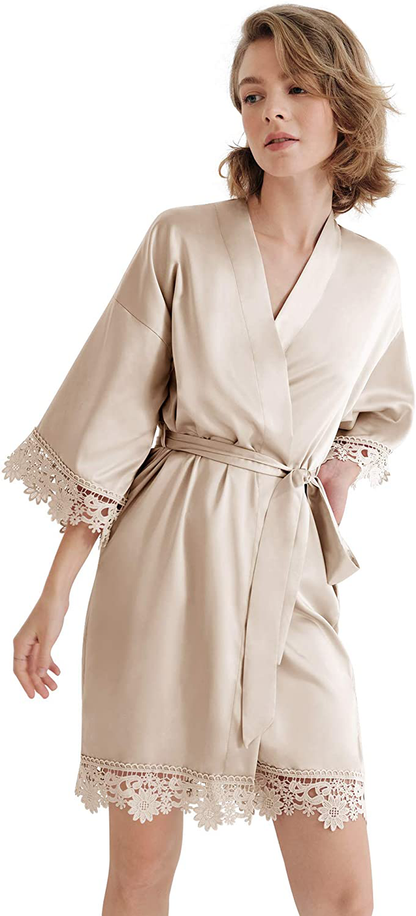 SIORO Women'S Satin Robe Lace Silk Kimono Robes Short for Bridesmaid Wedding Party Nightgown, Small~X-Large Apparel & Accessories > Clothing > Sleepwear & Loungewear > Robes KYLIE MAX Light Champagne Medium 