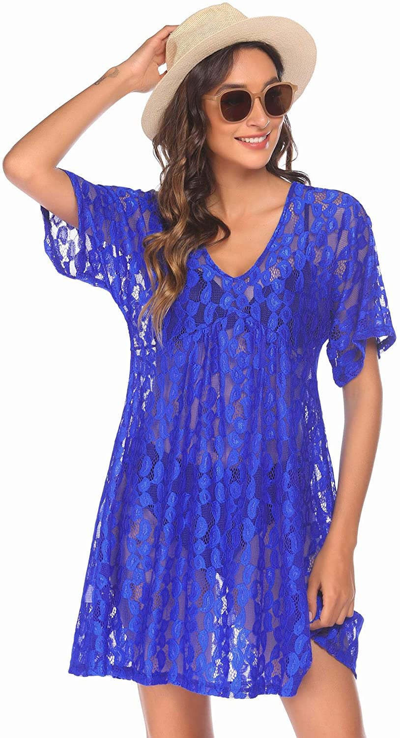 Ekouaer Women Swimsuit Cover Ups Batwing Sleeve Sheer Lace Cover up Bathing Suit Beach Dress Apparel & Accessories > Clothing > Swimwear Kylie Max   
