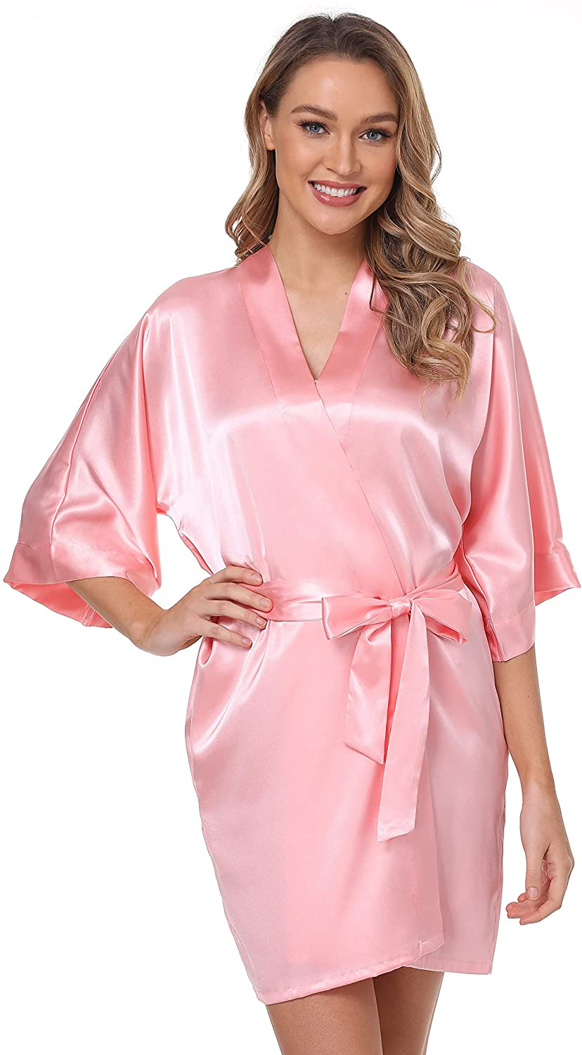 The Bund Women'S Short Robes Lace Bride Bridesmaids Sexy Bathrobe Satin Spa Robe Pure Color Apparel & Accessories > Clothing > Sleepwear & Loungewear > Robes The Bund B-pink X-Large 