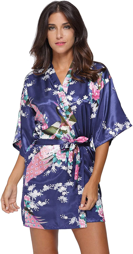 Original Kimono Women'S Short Satin Kimono Robe Floral Peacock Patterned Bathrobe Silky Bridal Nightwear Apparel & Accessories > Clothing > Sleepwear & Loungewear > Robes Original Kimono   