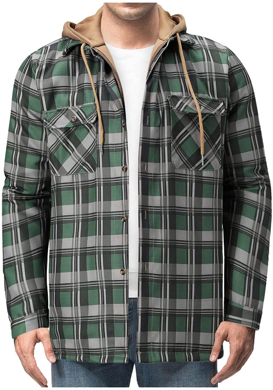 Merthy Mens Big and Tall Berber Lined Flannel Shirts Jacket Casual Long Sleeve Button down Hooded Plaid Parka Coat S-5XL Apparel & Accessories > Clothing > Underwear & Socks > Shapewear Merthy   