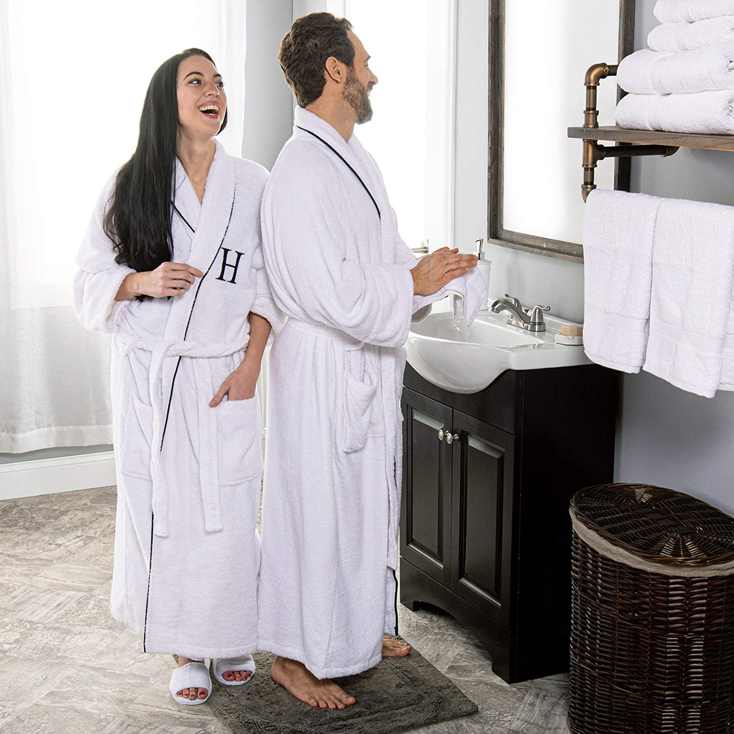 SUPERIOR Monogrammed Egyptian Cotton Bath Robe White Adult Unisex Bathrobe, Small/Medium, S Apparel & Accessories > Clothing > Sleepwear & Loungewear > Robes SUPERIOR   