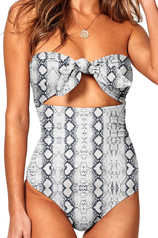 QINSEN Womens Sexy Strapless Tie Knot Front High Waist One Piece Swimsuit Apparel & Accessories > Clothing > Swimwear Kylie Max   