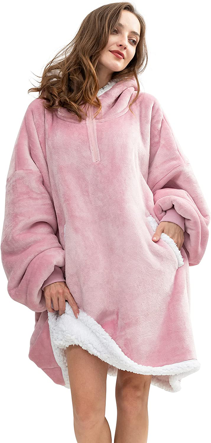 HBlife Oversized Long Wearable Blanket Hoodie for Adult, Thick Sherpa Sweatshirt with Elastic Sleeves and Giant Pockets Super Warm and Cozy Fuzzy Plush Fleece Blanket Jacket, Blue Arts & Entertainment > Party & Celebration > Gift Giving HBlife Pink Adult-Short 