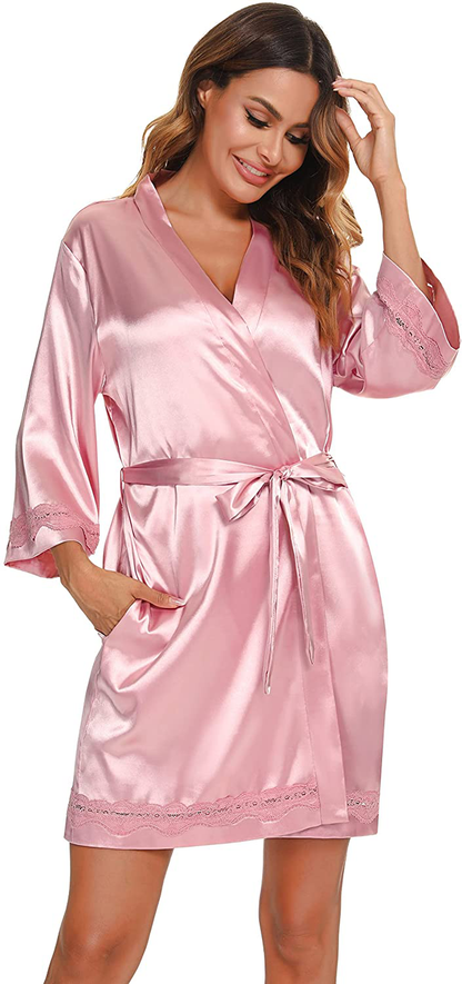 Vlazom Women'S Kimono Robes Short Satin Pure Color Bridal Party Robe with Oblique V-Neck Apparel & Accessories > Clothing > Sleepwear & Loungewear > Robes KYLIE MAX Z-pink Medium 
