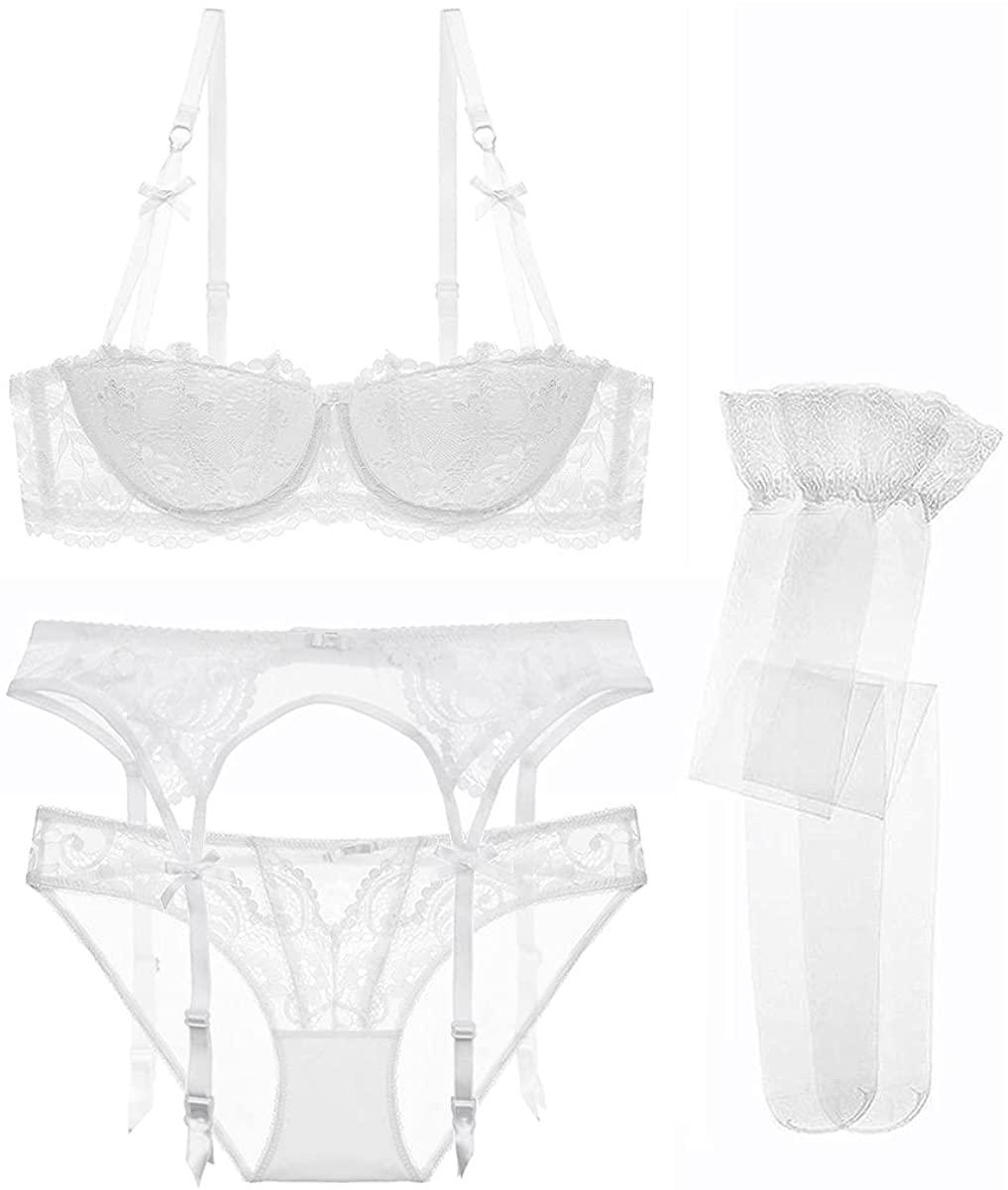 Women Push up Bras Set Lace Lingerie Bra Panties Garter Stocking 4Pcs/Lot Apparel & Accessories > Clothing > Underwear & Socks > Lingerie Varsbaby   