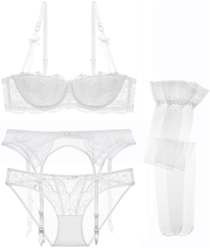 Women Push up Bras Set Lace Lingerie Bra Panties Garter Stocking 4Pcs/Lot Apparel & Accessories > Clothing > Underwear & Socks > Lingerie Varsbaby   