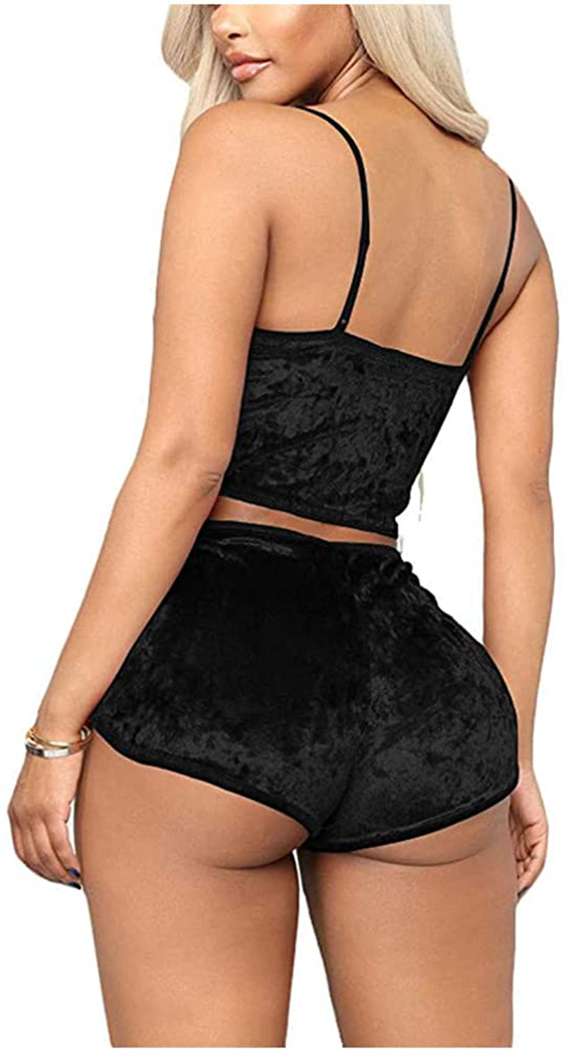 Women Sexy Velvet 2 Piece Outfit Spaghetti Strap Leopard Tie Dye Cami Crop Top + Shorts Bottom Sleepwear Pajama Set Nightwear Apparel & Accessories > Clothing > Sleepwear & Loungewear Kylie Max   