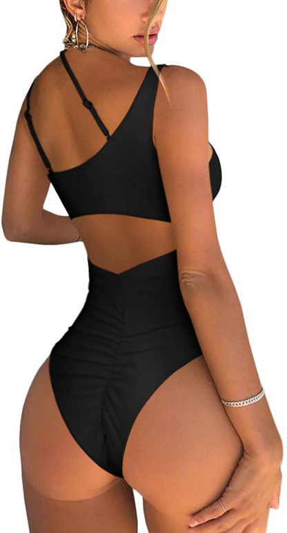 QINSEN Womens One Shoulder Cutout Ruched Back High Cut Monokini One Piece Swimsuit Apparel & Accessories > Clothing > Swimwear Kylie Max   