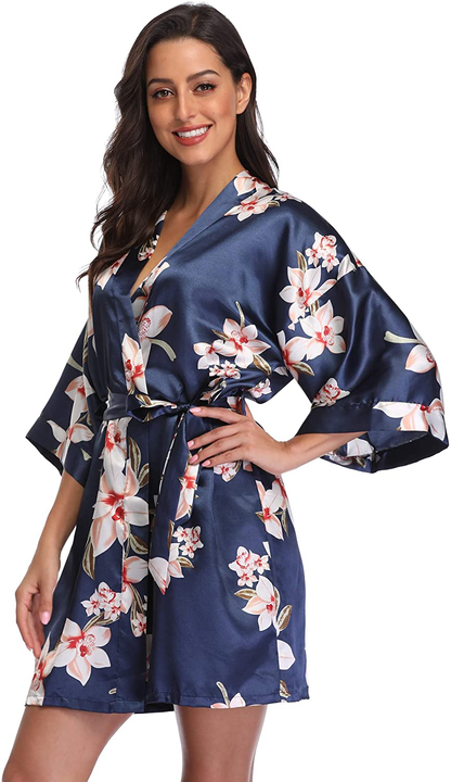 Season Dressing Women Floral Robes Bridesmaids Short Satin Kimono Sleepwear for Wedding Party Apparel & Accessories > Clothing > Sleepwear & Loungewear > Robes season dressing Navy Small 