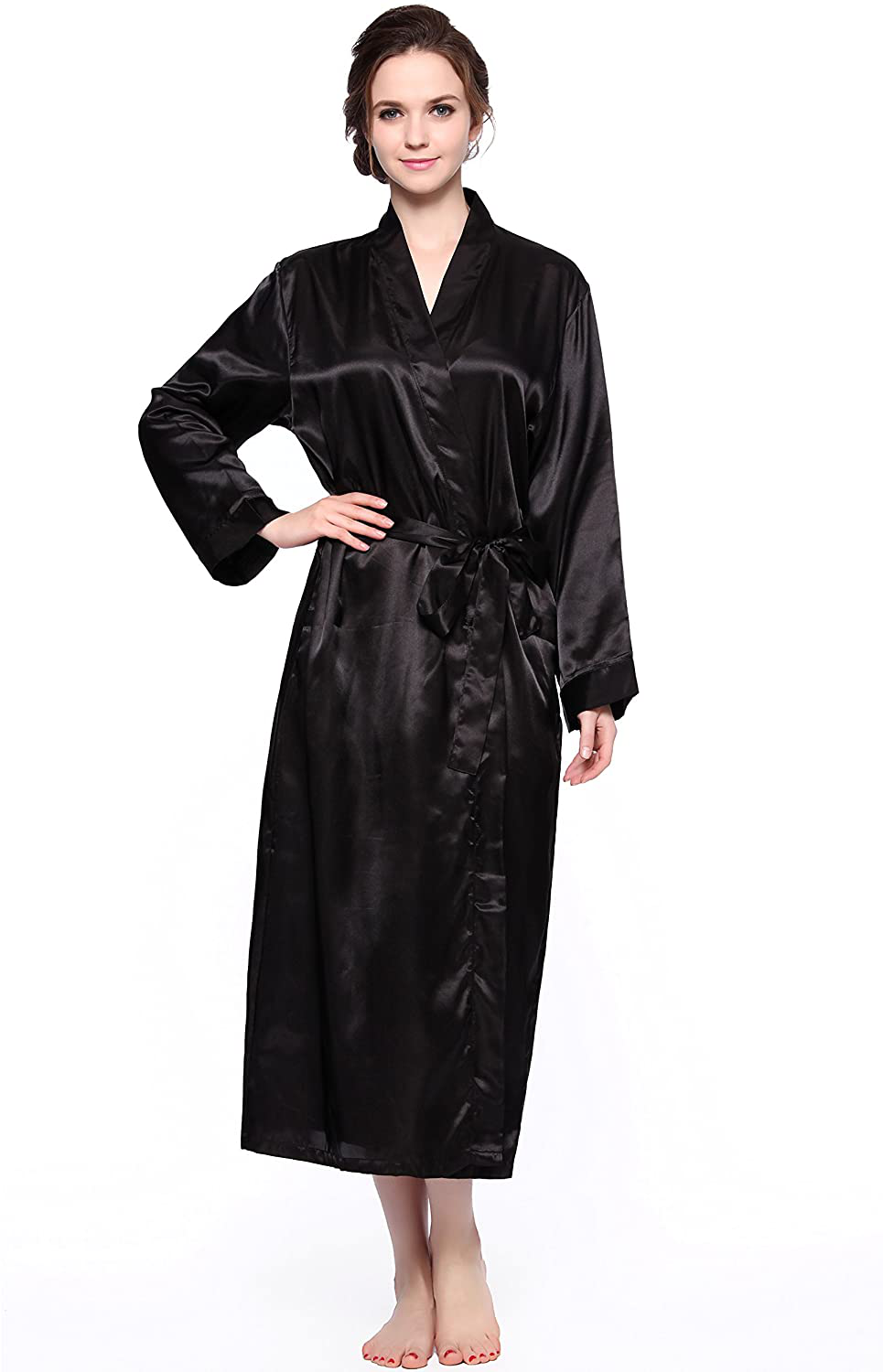 Lavenderi Women'S Long Classic Satin Kimono Lounge Bathrobe Robe Apparel & Accessories > Clothing > Sleepwear & Loungewear > Robes Lavenderi Black Medium 