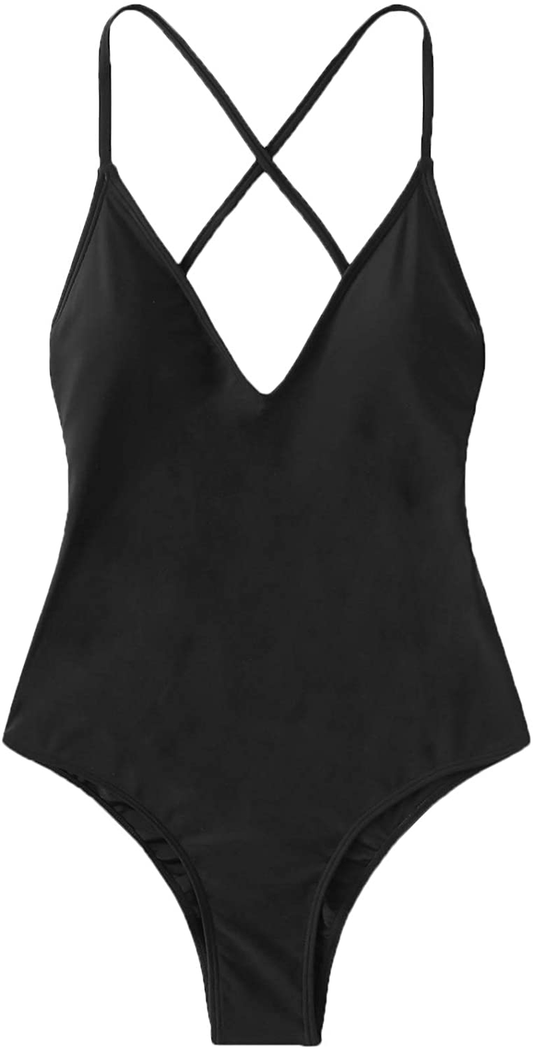 SOLY HUX Women'S Plunge Neck Cross Back High Cut One Piece Bathing Suits Swimsuit Apparel & Accessories > Clothing > Swimwear Kylie Max   