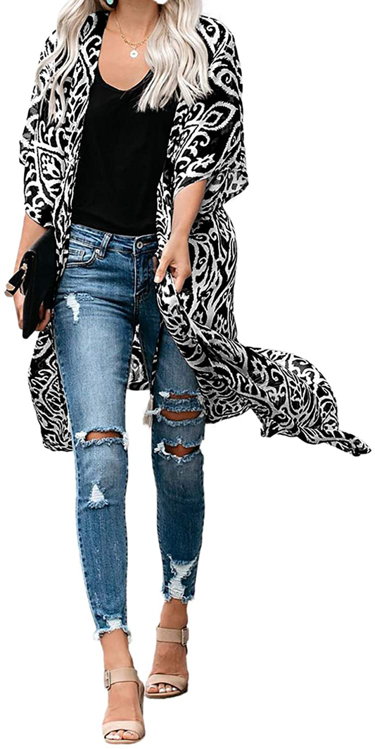 Dokotoo Womens 2022 Fashion Print Kimono Tassel Casual Cardigan Loose Cover Up Apparel & Accessories > Clothing > Swimwear Kylie Max   