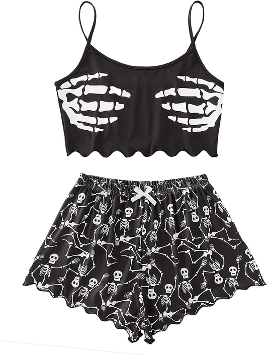 SOLY HUX Women'S Cute Cartoon Print Lettuce Trim Cami Top and Shorts Cute Pajama Set Sleepwear Apparel & Accessories > Clothing > Sleepwear & Loungewear Kylie Max   