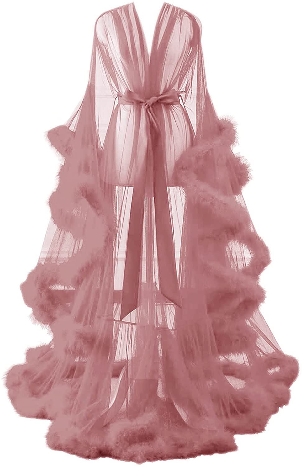 Changuan Sexy Illusion Long Lingerie Robe Nightgown Bathrobe Sleepwear Feather Bridal Robe Wedding Scarf Apparel & Accessories > Clothing > Sleepwear & Loungewear > Robes Changuan Dusty Rose Large-X-Large 