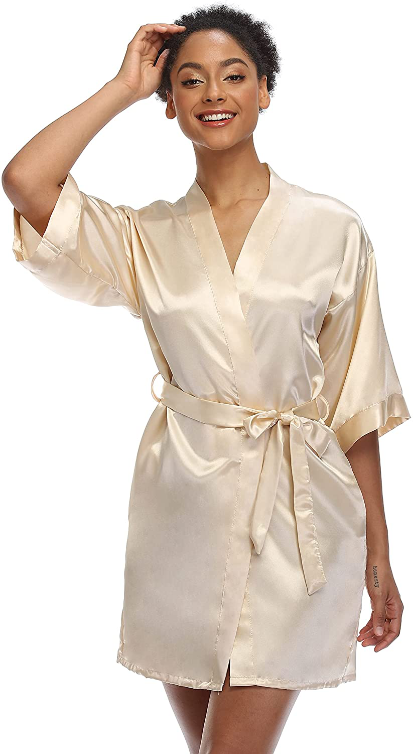 SUGAR JAN Women'S Short Satin Kimono Robes for Bride and Bridesmaids Silky Pure Color Bathrobe with Pockets Apparel & Accessories > Clothing > Sleepwear & Loungewear > Robes SUGAR JAN Champagne XX-Large 