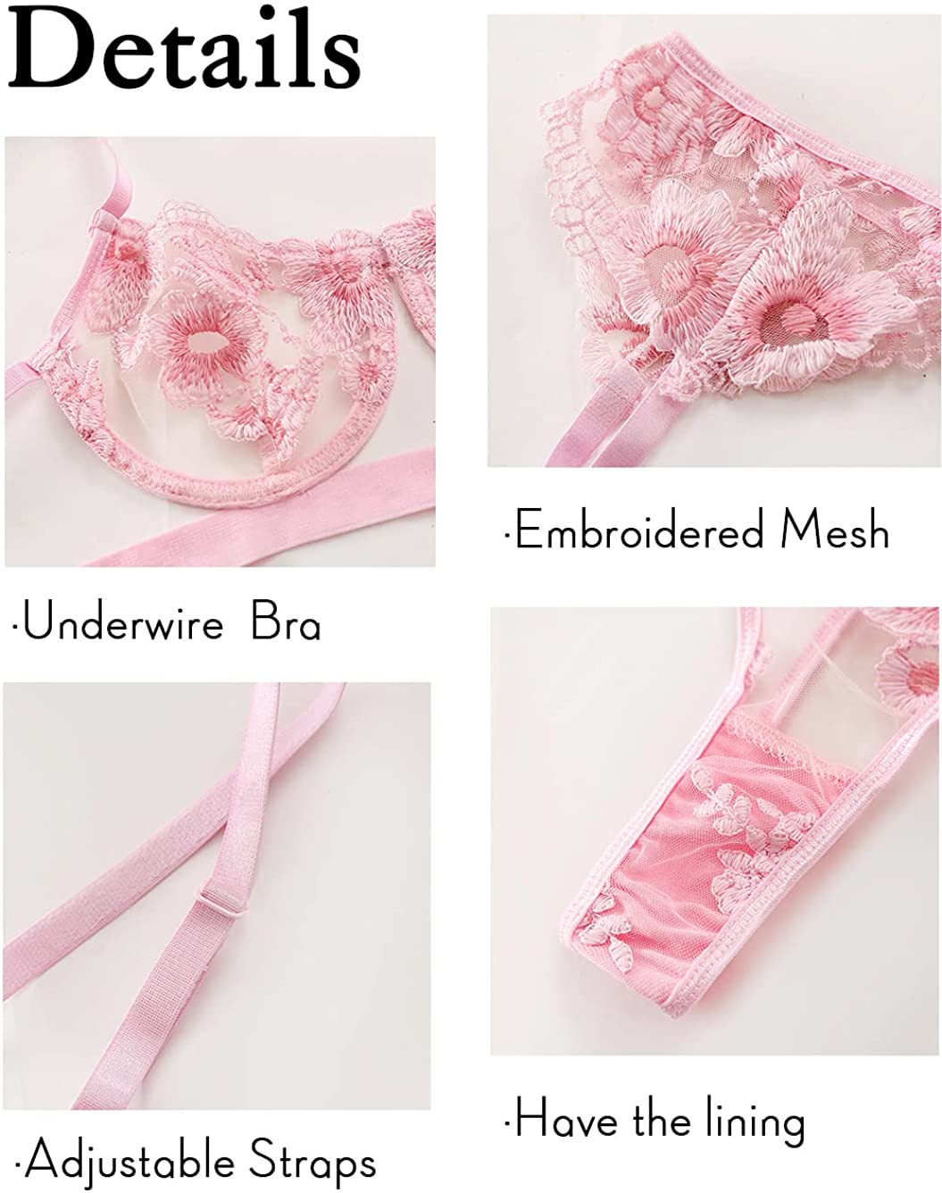 Kaei&Shi Floral Embroidered,Underwire,Cutout Back,G-String,Garter Lingerie Set Apparel & Accessories > Clothing > Underwear & Socks > Lingerie Kaei&Shi   