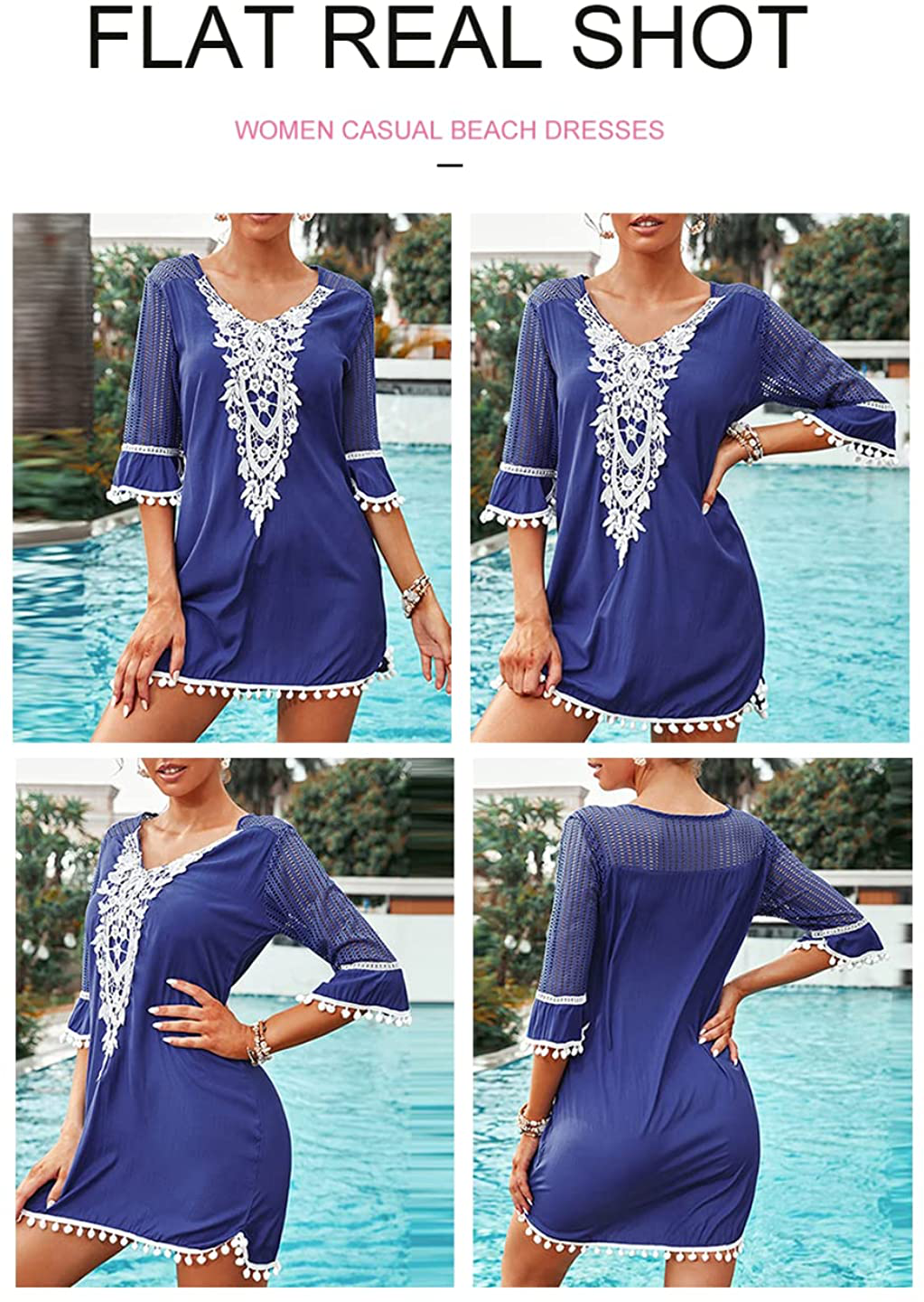 BLENCOT Women'S Crochet Chiffon Tassel Swimsuit Bikini Pom Pom Trim Swimwear Beach Cover Up Apparel & Accessories > Clothing > Swimwear Kylie Max   