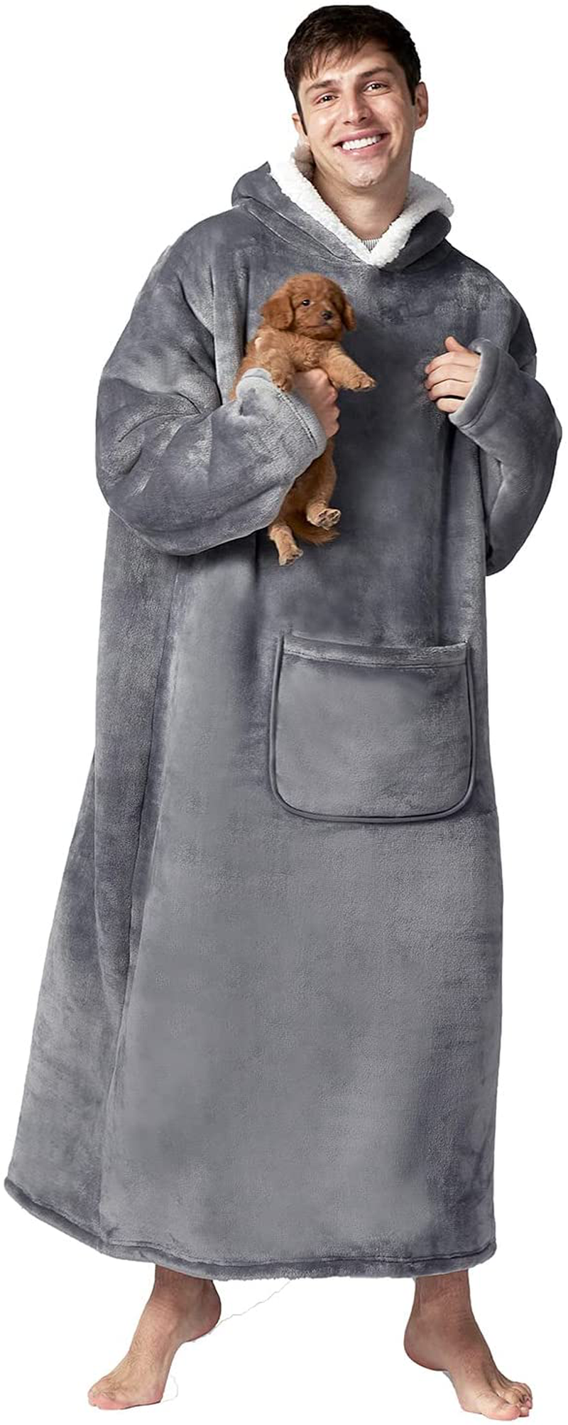 Hansleep Wearable Blanket Sherpa Oversized Sweatshirt with Hoodie, Soft Warm Flannel Fleece Throw Blankets Sweatshirt with Sleeves and Pocket, One Size Fits All (Grey, Medium) Arts & Entertainment > Party & Celebration > Gift Giving Hansleep Grey Long 