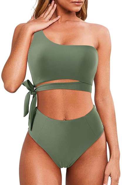 MOOSLOVER Women One Shoulder High Waisted Bikini Tie High Cut Two Piece Swimsuits Apparel & Accessories > Clothing > Swimwear MOOSLOVER Army Green Large 