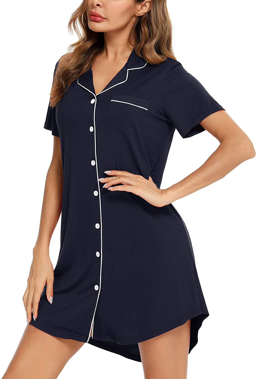Samring Nightgown for Women Sleep Shirt Short Long Sleeve Sleepwear Boyfriend Nightshirt Button down Pajama Dress S-XXL Apparel & Accessories > Clothing > Sleepwear & Loungewear > Nightgowns Kylie Max   