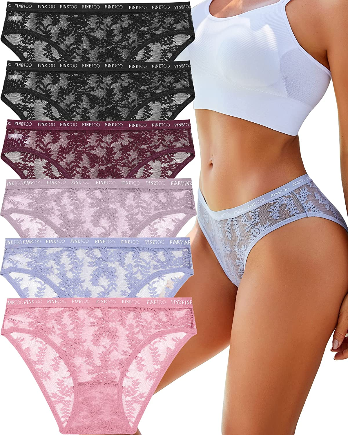 FINETOO Lace Underwear for Women Breathable Sexy Bikini Lightweight Soft Hipster Cheeky Panties 6 Pack S-XL Apparel & Accessories > Clothing > Underwear & Socks > Underwear KYLIE MAX Lace Bikini - 6pack Large 