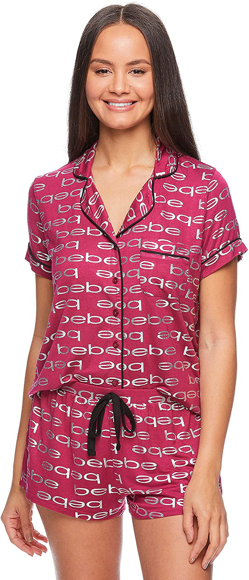 bebe Womens Pajama Sets Button Down Shirt and Shorts Sleepwear Lounge PJ Sets Apparel & Accessories > Clothing > Sleepwear & Loungewear > Pajamas bebe Plum X-Large 