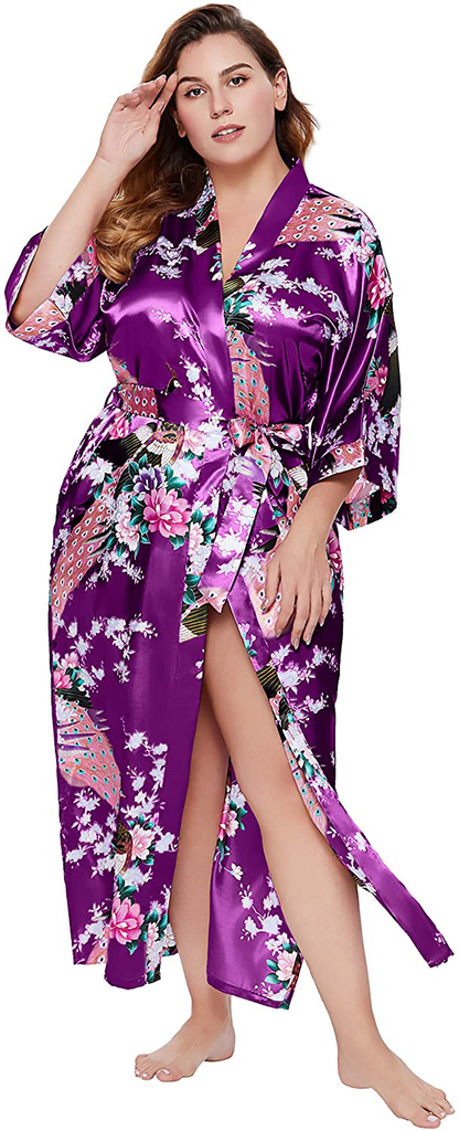 BABEYOND Women'S plus Size Kimono Robe Long Robes with Peacock and Blossoms Printed plus Size Kimono Outfit Apparel & Accessories > Clothing > Sleepwear & Loungewear > Robes KYLIE MAX   
