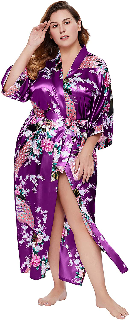 BABEYOND Women'S plus Size Kimono Robe Long Robes with Peacock and Blossoms Printed plus Size Kimono Outfit Apparel & Accessories > Clothing > Sleepwear & Loungewear > Robes KYLIE MAX   