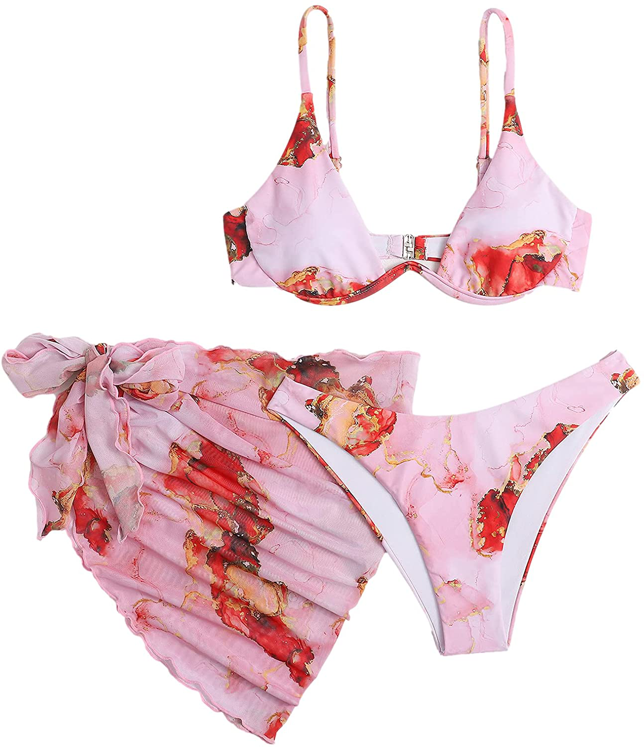 SheIn Women's 3 Piece Tie Dye Underwire Bikini Set Swimsuit and Cover Up Beach Skirt Apparel & Accessories > Clothing > Swimwear SheIn   