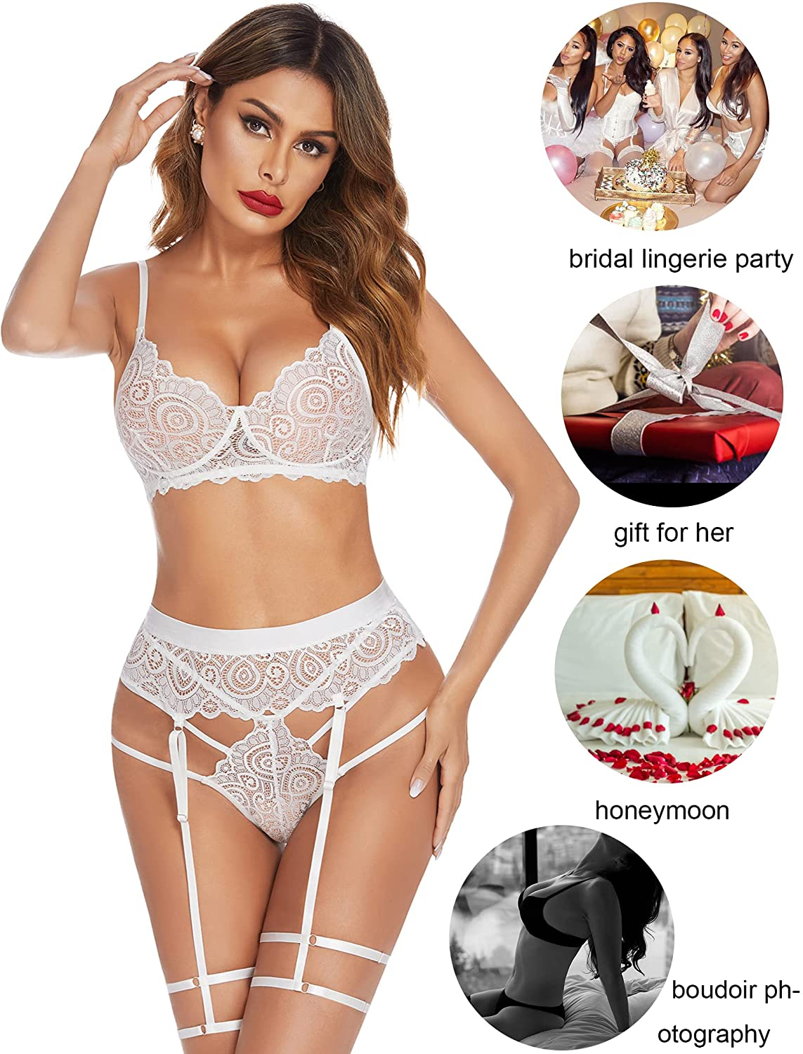 Avidlove Lingerie for Women Bra Panty Garter Set Sexy 3 Piece Lingerie Set with Garter Belts Apparel & Accessories > Clothing > Underwear & Socks > Lingerie Avidlove   