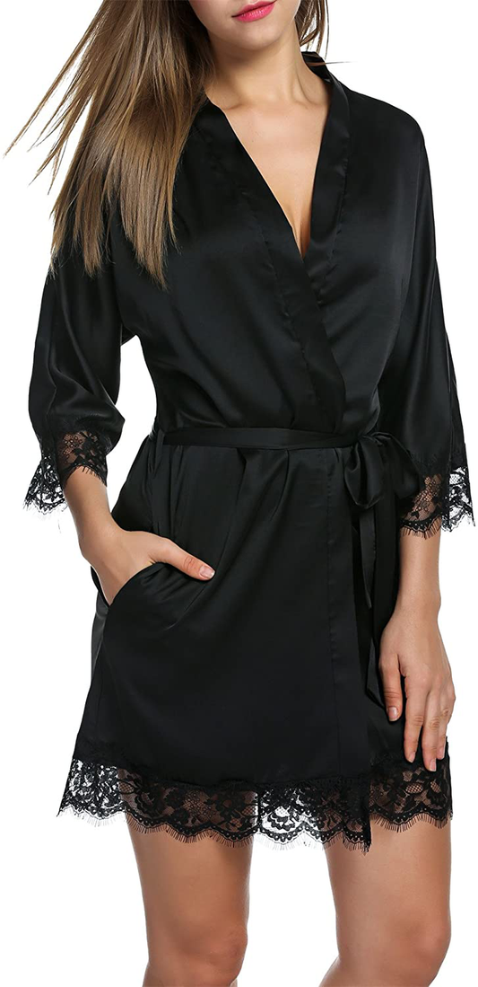 Hotouch Satin Rrobes for Women Silk Bathrobe Short Kimono Robes with Oblique V-Neck Bridesmaid Wedding Party Dressing Gown Apparel & Accessories > Clothing > Sleepwear & Loungewear > Robes Hotouch   