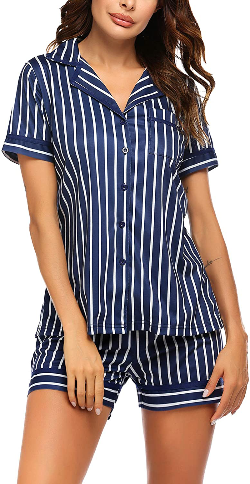 Ekouaer Pajamas Soft Striped Women's Short Sleeve Button Sleepwear Shorts Shirt PJ Set(S-XXL) Apparel & Accessories > Clothing > Sleepwear & Loungewear > Pajamas Ekouaer E-navy Blue Vertical Striped Large 