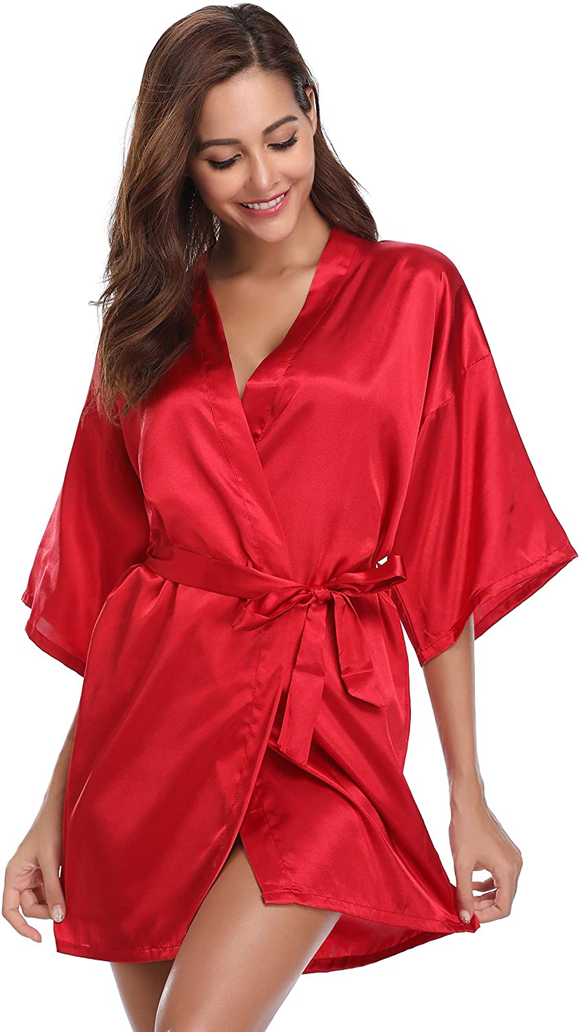 Vlazom Women'S Kimono Robes Short Satin Pure Color Bridal Party Robe with Oblique V-Neck Apparel & Accessories > Clothing > Sleepwear & Loungewear > Robes KYLIE MAX Wine Red X-Large 