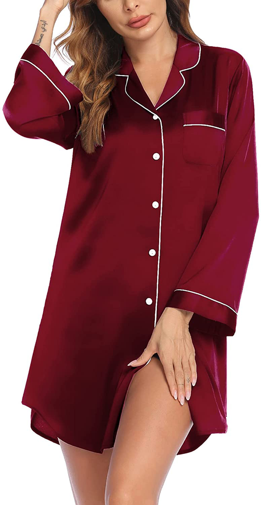 Ekouear Sleep Shirt for Women Boyfriend Long Sleeve Nightgown Nightshirt Button down Pajama Top S-XXL Apparel & Accessories > Clothing > Sleepwear & Loungewear > Nightgowns Kylie Max   